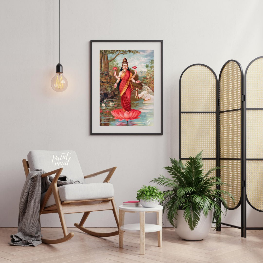 This vibrant painting, attributed to Raja Ravi Varma, depicts Lakshmi, the Hindu goddess of wealth,… for living room
