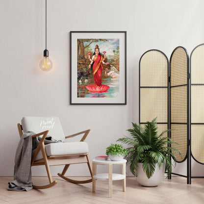 This vibrant painting, attributed to Raja Ravi Varma, depicts Lakshmi, the Hindu goddess of wealth,… for living room