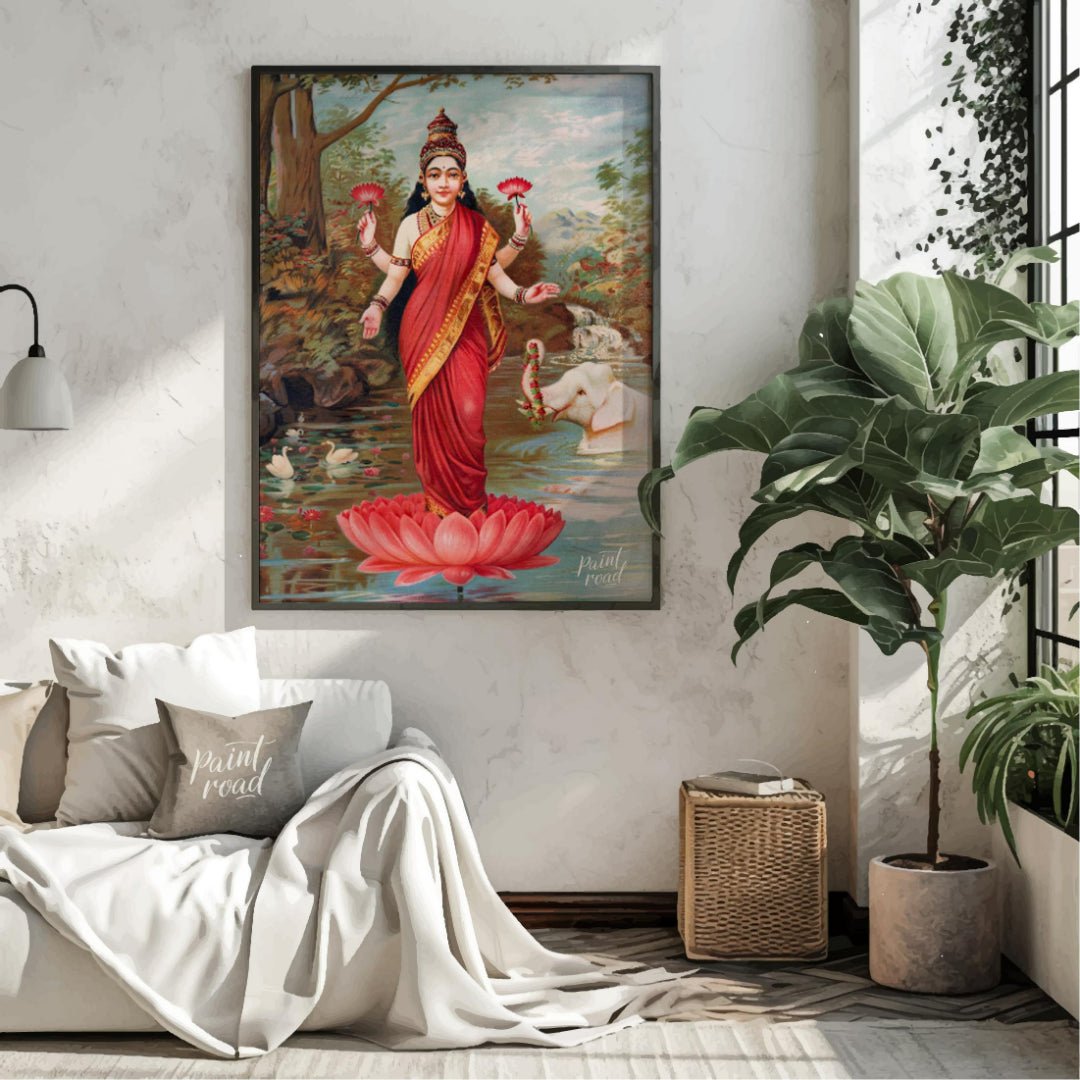 This vibrant painting, attributed to Raja Ravi Varma, depicts Lakshmi, the Hindu goddess of wealth,… for living room