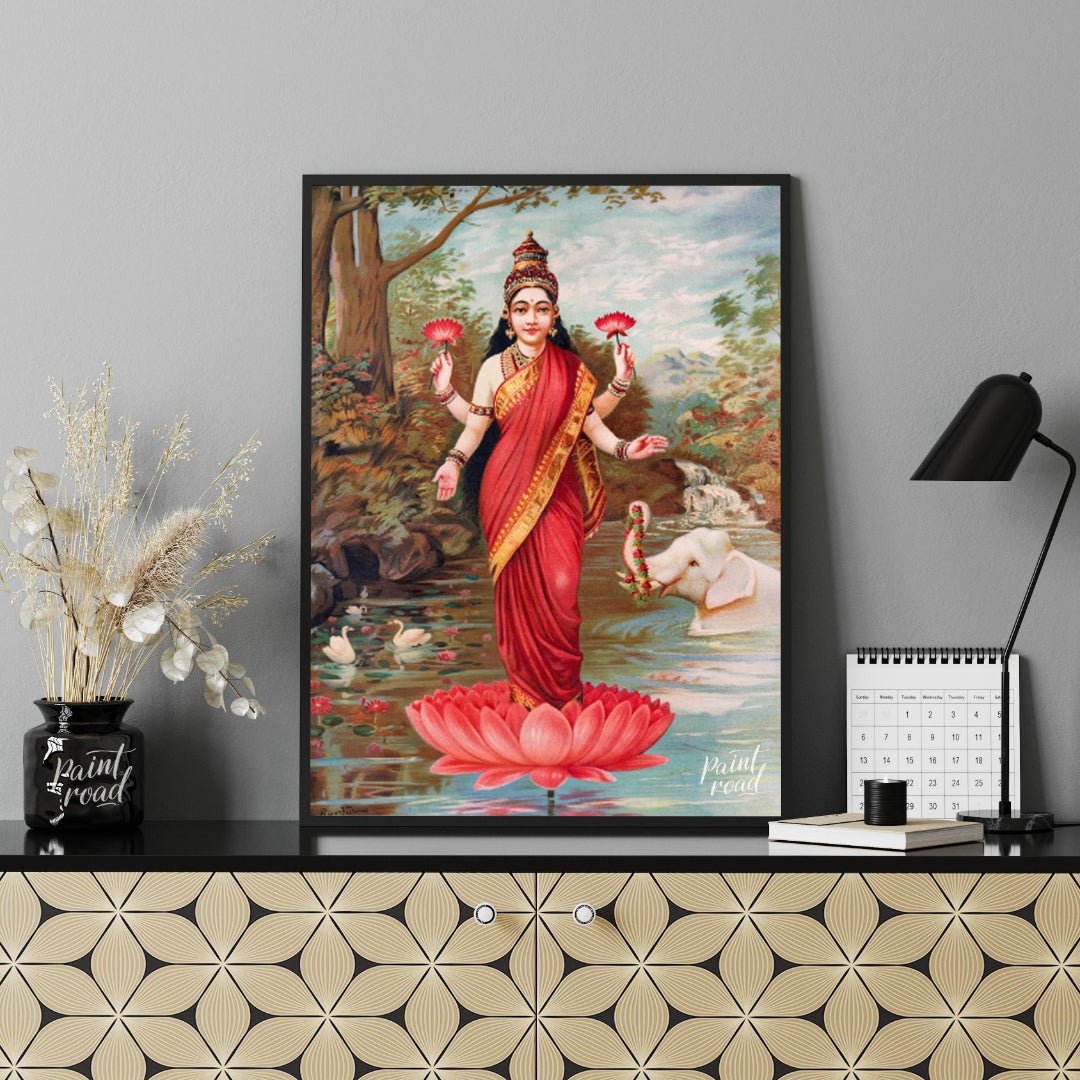 This vibrant painting, attributed to Raja Ravi Varma, depicts Lakshmi, the Hindu goddess of wealth,… for office