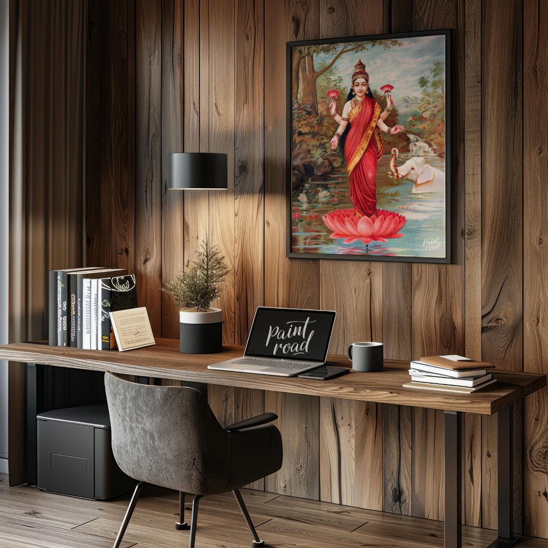 This vibrant painting, attributed to Raja Ravi Varma, depicts Lakshmi, the Hindu goddess of wealth,… for office