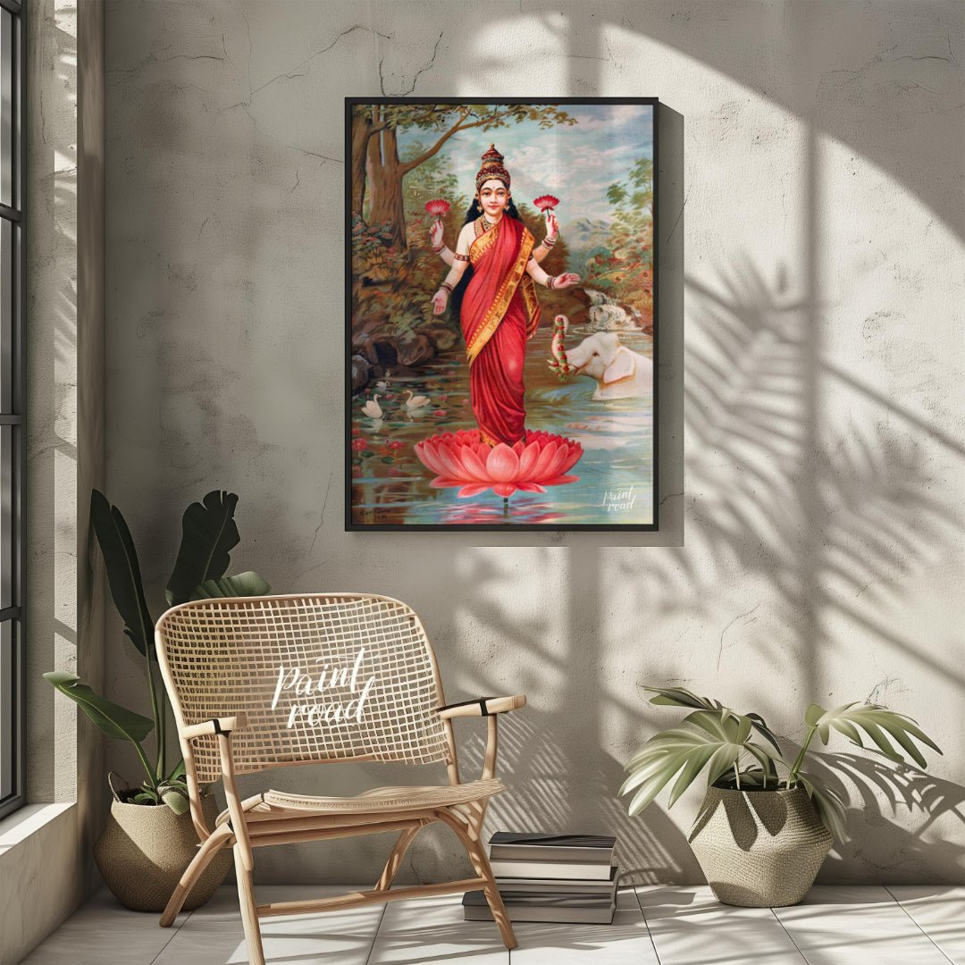 This vibrant painting, attributed to Raja Ravi Varma, depicts Lakshmi, the Hindu goddess of wealth,… for outdoor