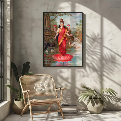 This vibrant painting, attributed to Raja Ravi Varma, depicts Lakshmi, the Hindu goddess of wealth,… for outdoor