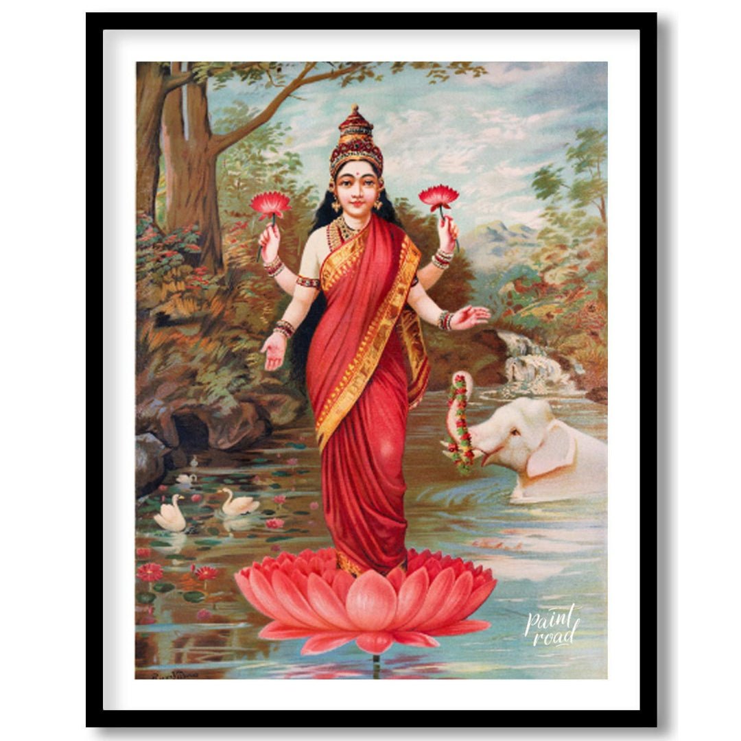 This vibrant painting, attributed to Raja Ravi Varma, depicts Lakshmi, the Hindu goddess of wealth,… for place