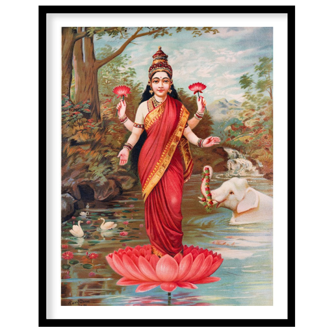 This vibrant painting, attributed to Raja Ravi Varma, depicts Lakshmi, the Hindu goddess of wealth,… for place