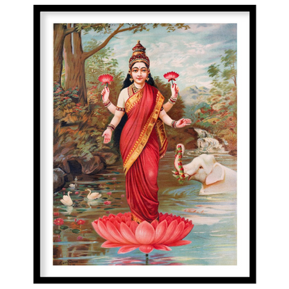 This vibrant painting, attributed to Raja Ravi Varma, depicts Lakshmi, the Hindu goddess of wealth,… for place