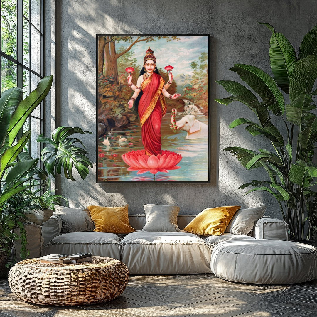 Immerse yourself in the divine grace of 'Goddess Lakshmi on Lotus by the River,' an exquisite piece for Balcony