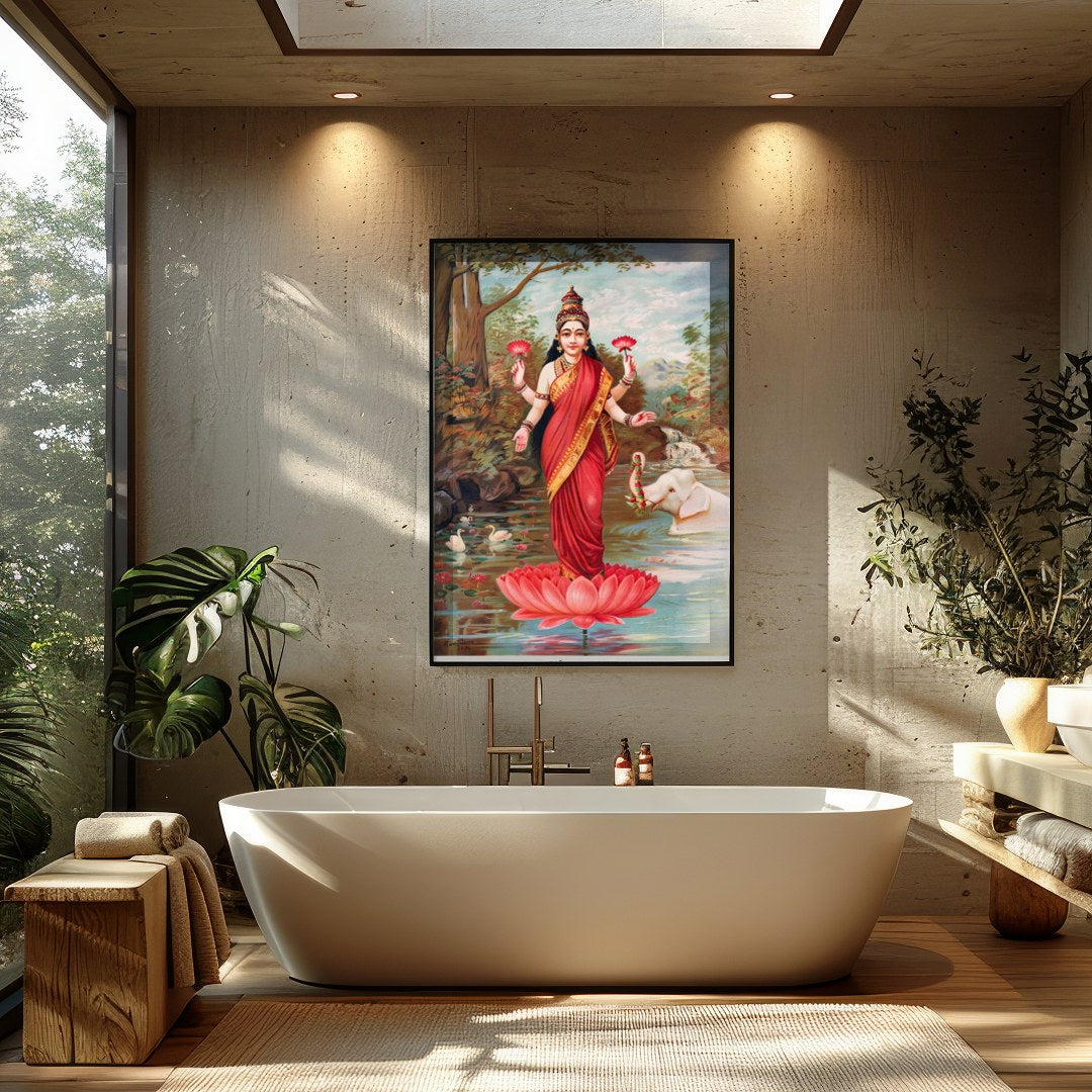Immerse yourself in the divine grace of 'Goddess Lakshmi on Lotus by the River,' an exquisite piece for Bathroom