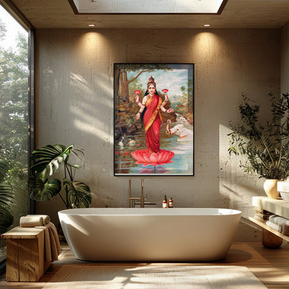 Immerse yourself in the divine grace of 'Goddess Lakshmi on Lotus by the River,' an exquisite piece for Bathroom