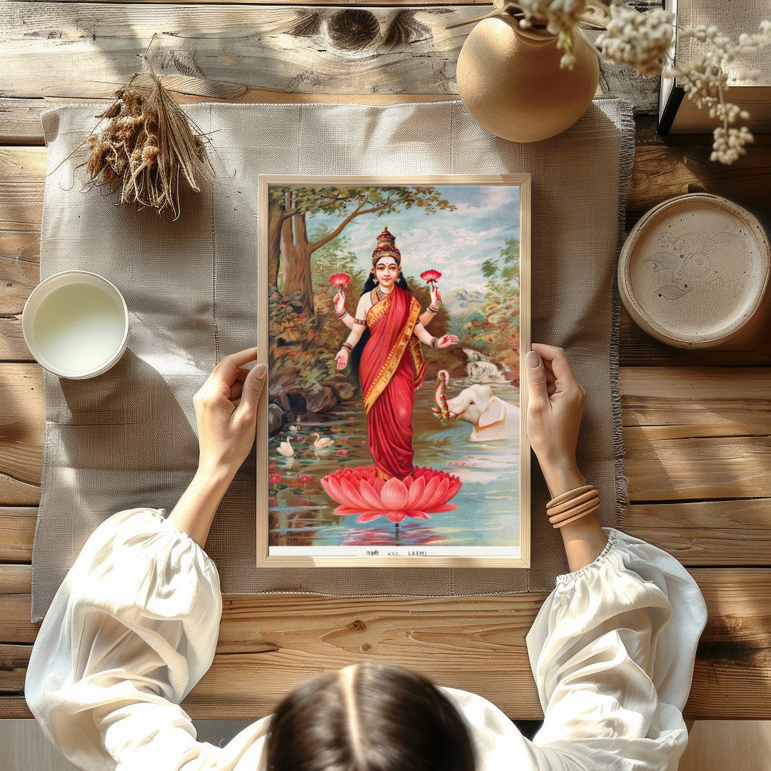Immerse yourself in the divine grace of 'Goddess Lakshmi on Lotus by the River,' an exquisite piece for decor