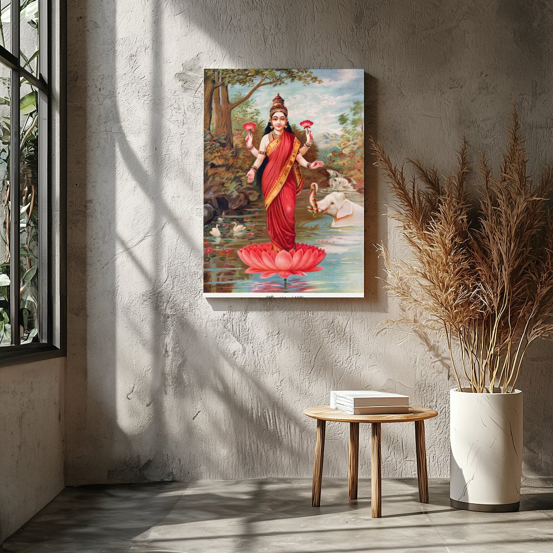 Immerse yourself in the divine grace of 'Goddess Lakshmi on Lotus by the River,' an exquisite piece for Entrance