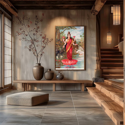 Immerse yourself in the divine grace of 'Goddess Lakshmi on Lotus by the River,' an exquisite piece for Hall