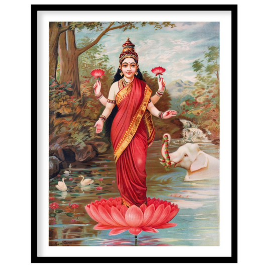 Immerse yourself in the divine grace of 'Goddess Lakshmi on Lotus by the River,' an exquisite piece for interior