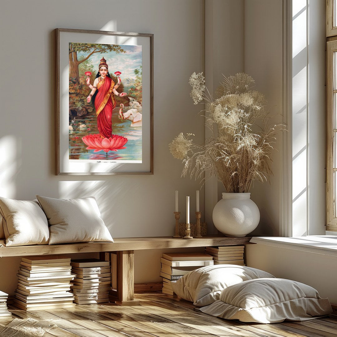 Immerse yourself in the divine grace of 'Goddess Lakshmi on Lotus by the River,' an exquisite piece for kitchen