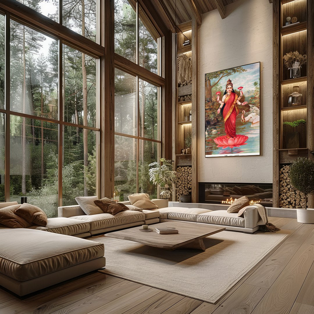 Immerse yourself in the divine grace of 'Goddess Lakshmi on Lotus by the River,' an exquisite piece for Living Room