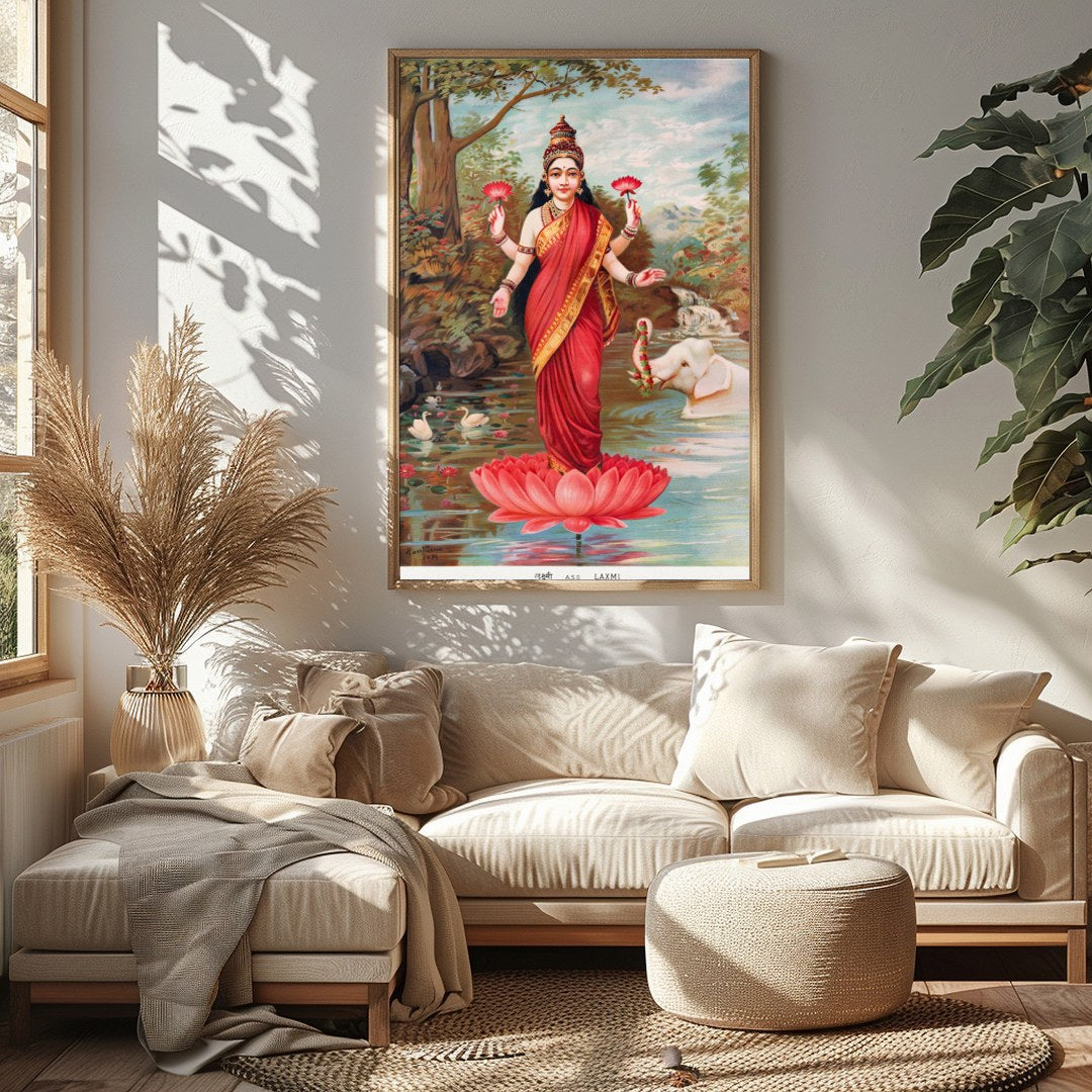 Immerse yourself in the divine grace of 'Goddess Lakshmi on Lotus by the River,' an exquisite piece for Sitting Area