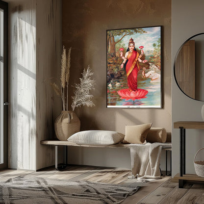 Immerse yourself in the divine grace of 'Goddess Lakshmi on Lotus by the River,' an exquisite piece for studio