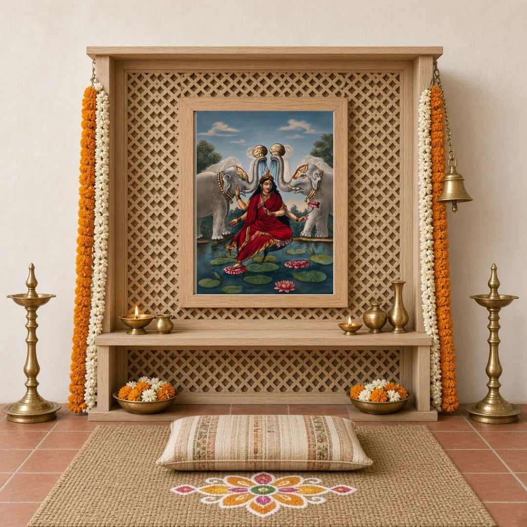 Immerse yourself in the divine grace of Goddess Lakshmi, beautifully rendered in this exquisite for Home Temple