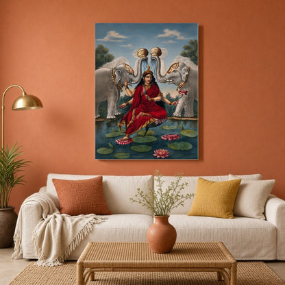 Immerse yourself in the divine grace of Goddess Lakshmi, beautifully rendered in this exquisite for Living Room