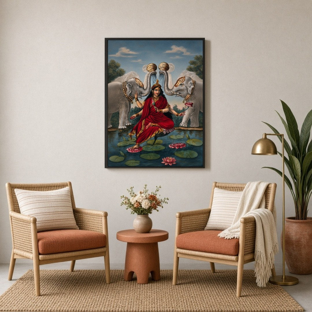 Immerse yourself in the divine grace of Goddess Lakshmi, beautifully rendered in this exquisite for Sitting Lounge