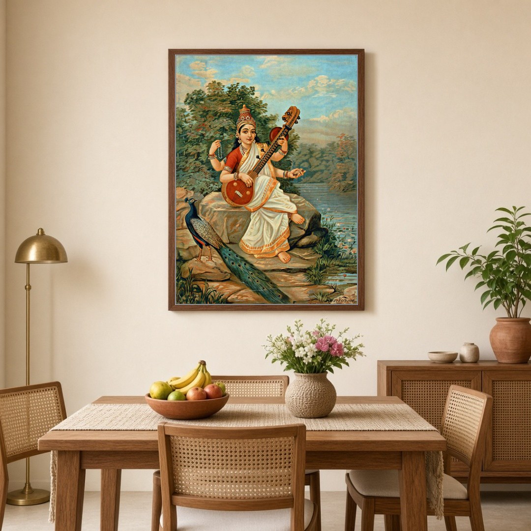 Infuse your space with wisdom and creativity through this exquisite depiction of Goddess Saraswati. for Dining