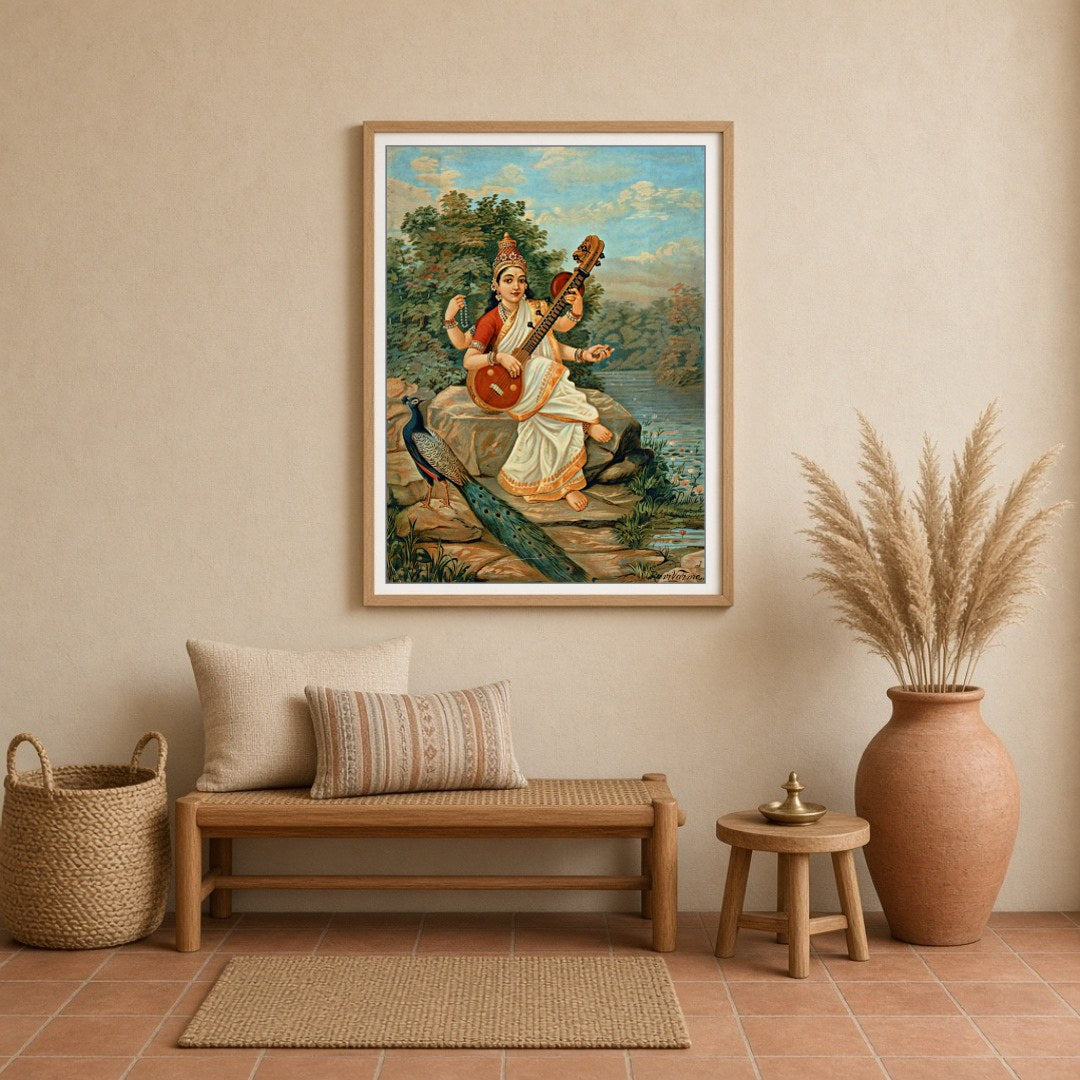 Infuse your space with wisdom and creativity through this exquisite depiction of Goddess Saraswati. for Entrance