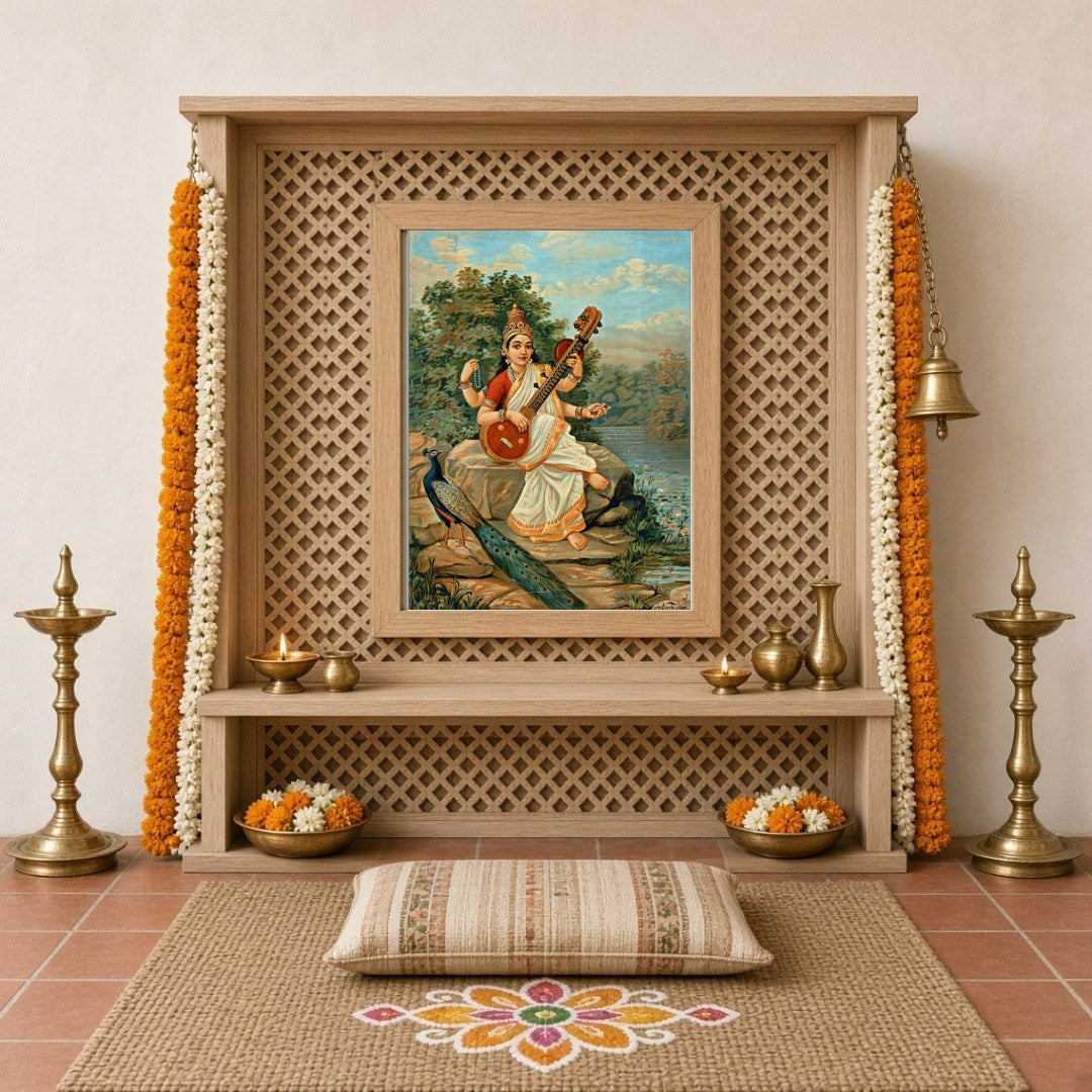 Infuse your space with wisdom and creativity through this exquisite depiction of Goddess Saraswati. for Home Temple