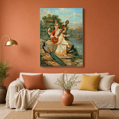 Infuse your space with wisdom and creativity through this exquisite depiction of Goddess Saraswati. for Living Room