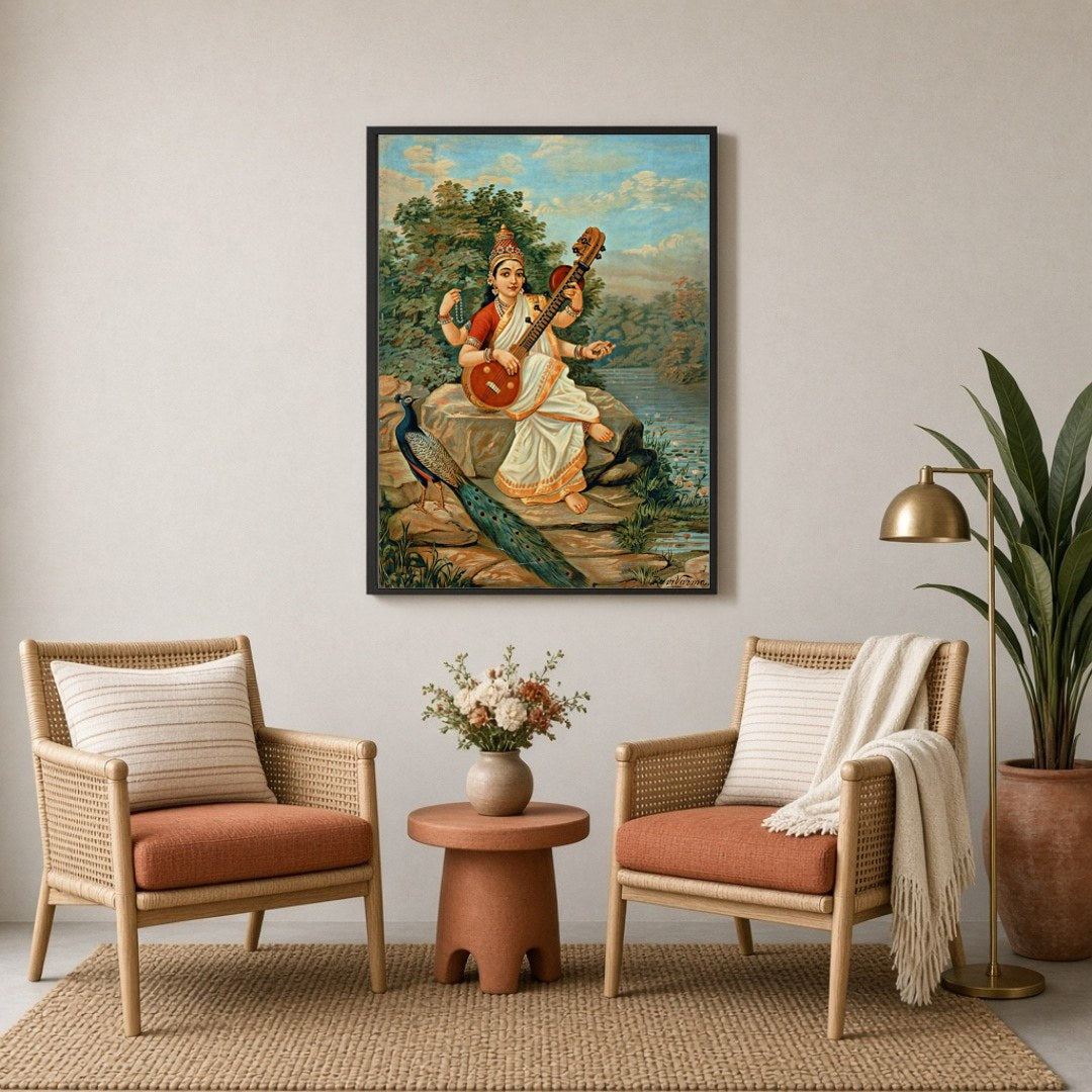Infuse your space with wisdom and creativity through this exquisite depiction of Goddess Saraswati. for Sitting Lounge