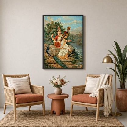 Infuse your space with wisdom and creativity through this exquisite depiction of Goddess Saraswati. for Sitting Lounge