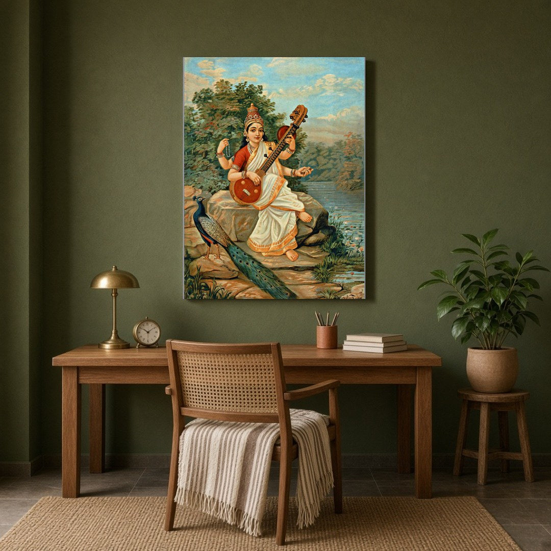 Infuse your space with wisdom and creativity through this exquisite depiction of Goddess Saraswati. for Study