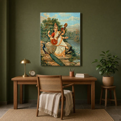 Infuse your space with wisdom and creativity through this exquisite depiction of Goddess Saraswati. for Study