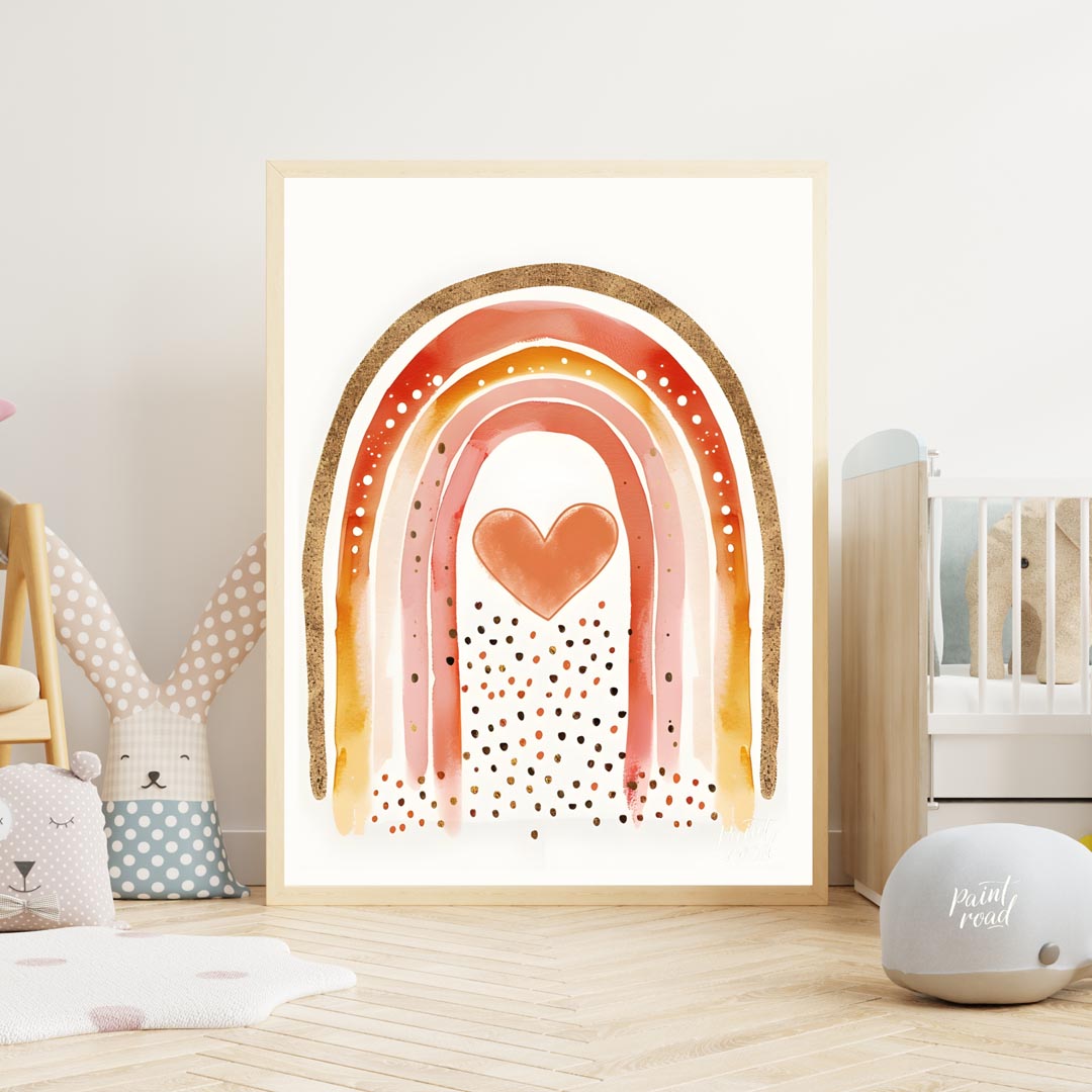 This vibrant and captivating illustration showcases a stylized rainbow with a rich, warm color pale… for nursery