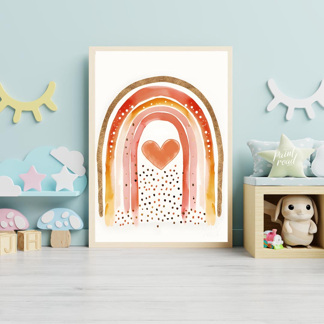 This vibrant and captivating illustration showcases a stylized rainbow with a rich, warm color pale… for nursery