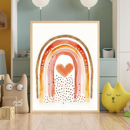 This vibrant and captivating illustration showcases a stylized rainbow with a rich, warm color pale… for nursery
