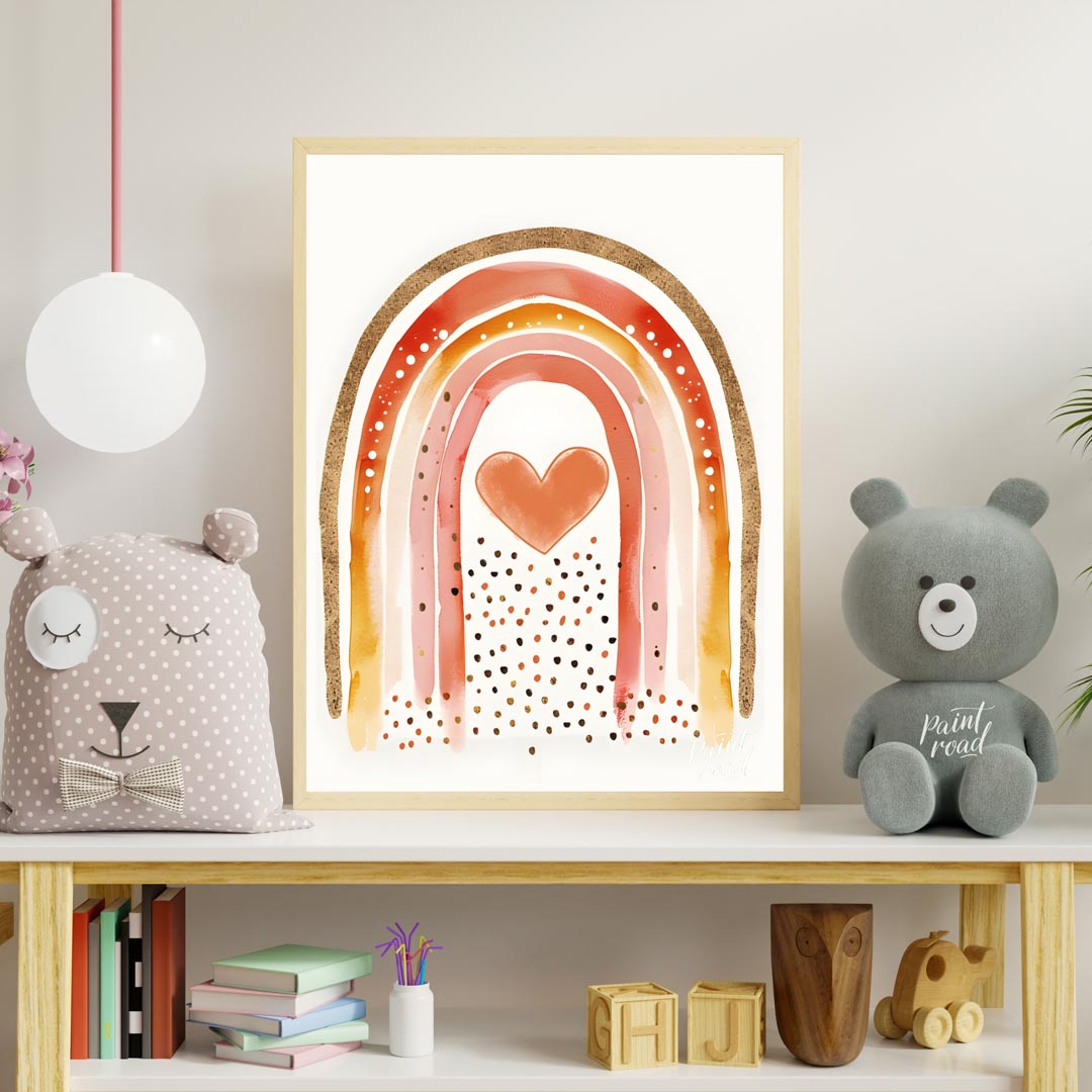 This vibrant and captivating illustration showcases a stylized rainbow with a rich, warm color pale… for nursery