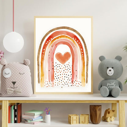 This vibrant and captivating illustration showcases a stylized rainbow with a rich, warm color pale… for nursery