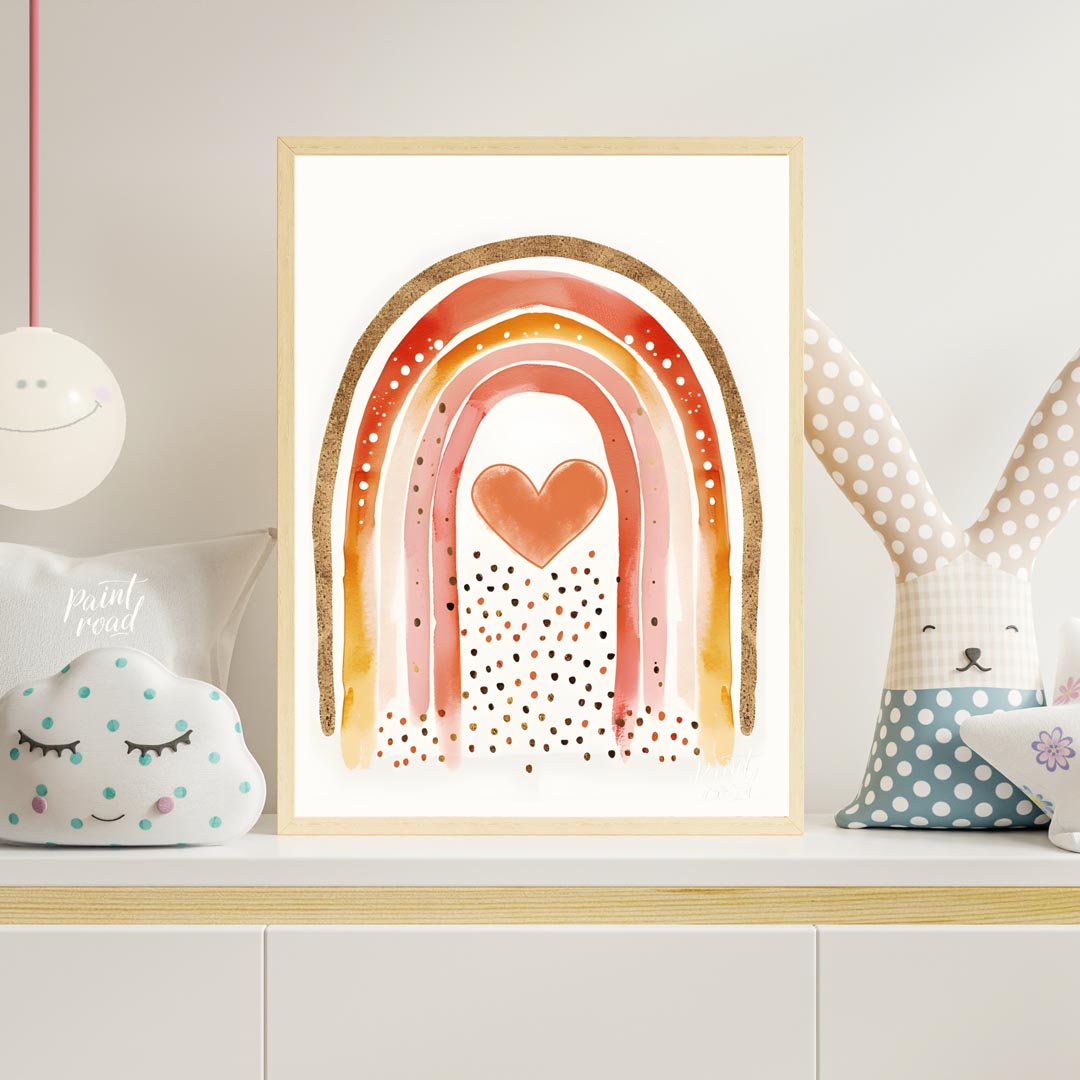 This vibrant and captivating illustration showcases a stylized rainbow with a rich, warm color pale… for nursery