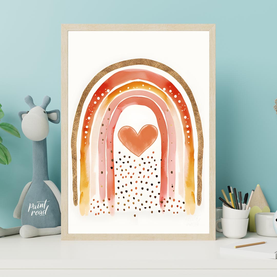 This vibrant and captivating illustration showcases a stylized rainbow with a rich, warm color pale… for nursery