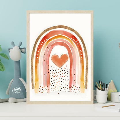 This vibrant and captivating illustration showcases a stylized rainbow with a rich, warm color pale… for nursery