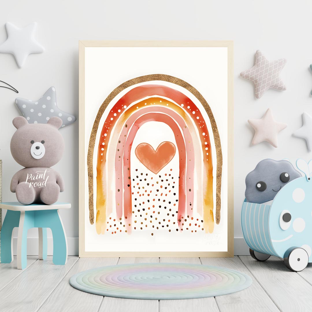 This vibrant and captivating illustration showcases a stylized rainbow with a rich, warm color pale… for nursery