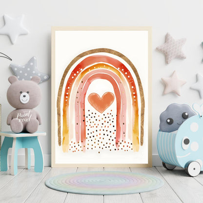 This vibrant and captivating illustration showcases a stylized rainbow with a rich, warm color pale… for nursery