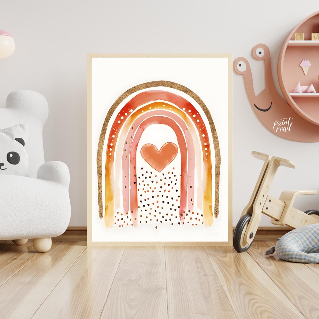 This vibrant and captivating illustration showcases a stylized rainbow with a rich, warm color pale… for nursery