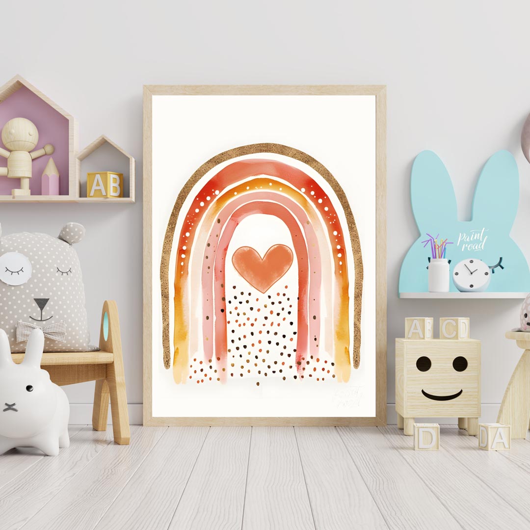 This vibrant and captivating illustration showcases a stylized rainbow with a rich, warm color pale… for nursery
