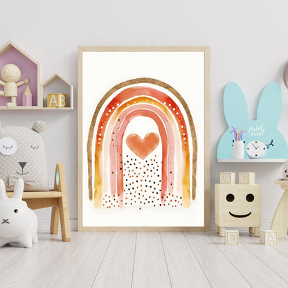 This vibrant and captivating illustration showcases a stylized rainbow with a rich, warm color pale… for nursery