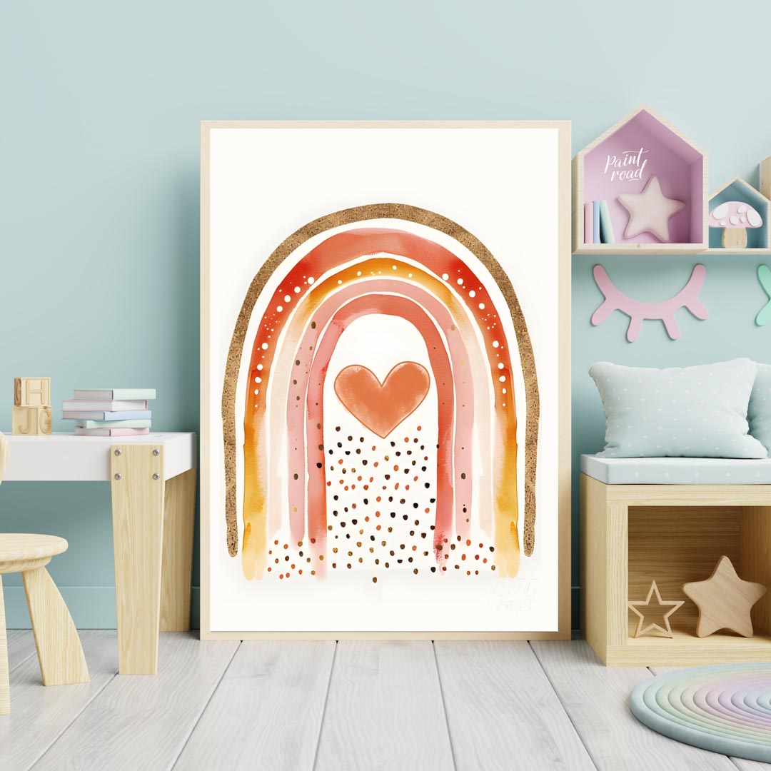 This vibrant and captivating illustration showcases a stylized rainbow with a rich, warm color pale… for nursery