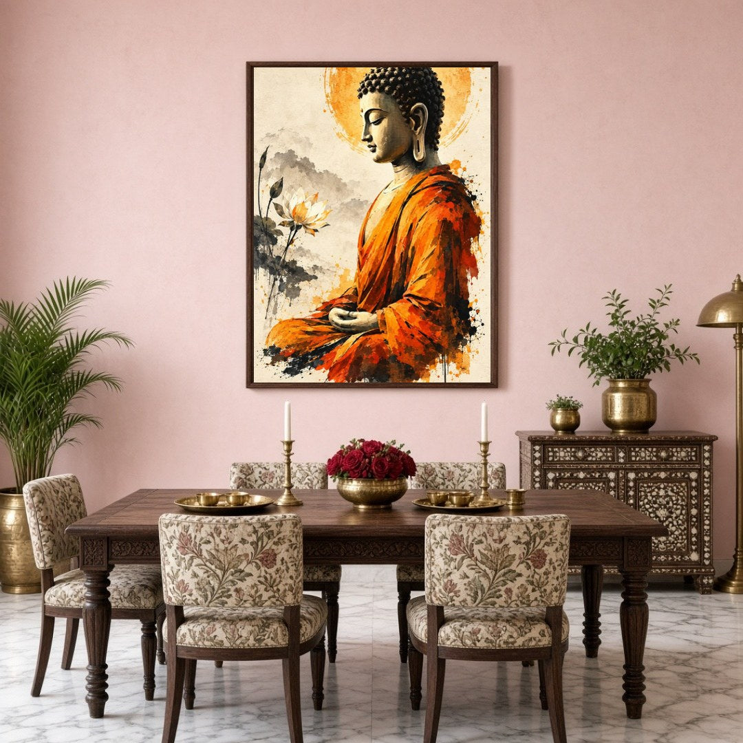 Immerse yourself in the serene elegance of our Golden Aura: Buddha in Contemplative Lotus for Dining