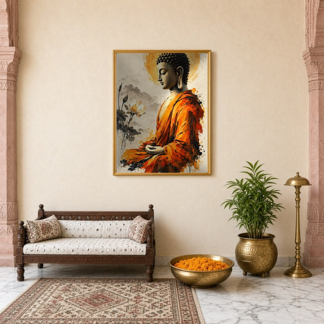 Immerse yourself in the serene elegance of our Golden Aura: Buddha in Contemplative Lotus for Entrance