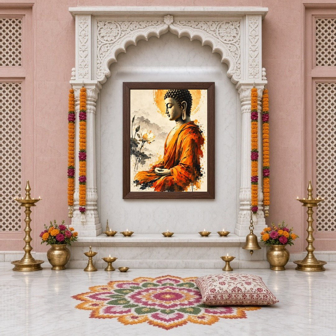 Immerse yourself in the serene elegance of our Golden Aura: Buddha in Contemplative Lotus for Home Temple