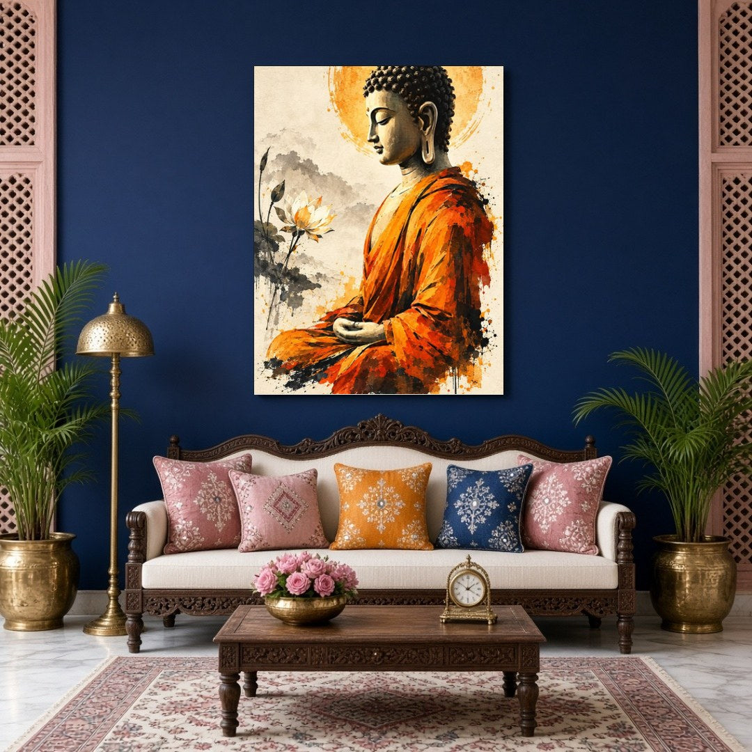Immerse yourself in the serene elegance of our Golden Aura: Buddha in Contemplative Lotus for Living Room